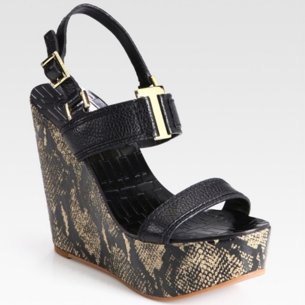 Tory Burch Black and Gold Snake Skin Patterned Wedges